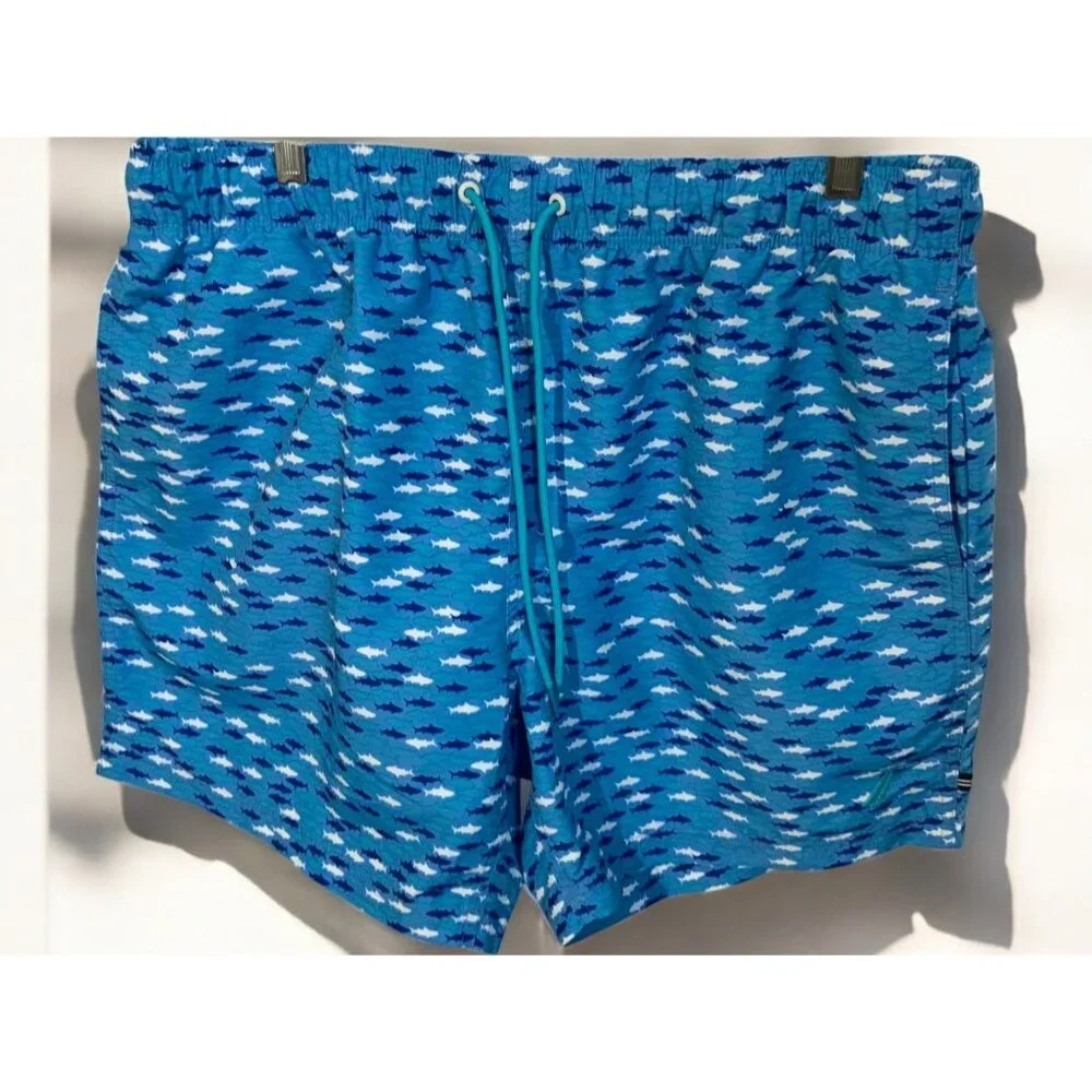 Nautica Mens XL Blue White Shark Fish Print Lined Swim Trunks Drawstring NEW